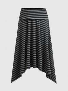 ROMWE Y2K休闲基础款黑灰条纹不对称下摆A字长裙（女款） - 黑色 - 查看 8