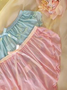 DelicateAllure 2pcs Plus Size Women Lightweight Mesh Side Slit Comfortable Simple Home Shorts, Pink & Blue - Multicolor - View 4