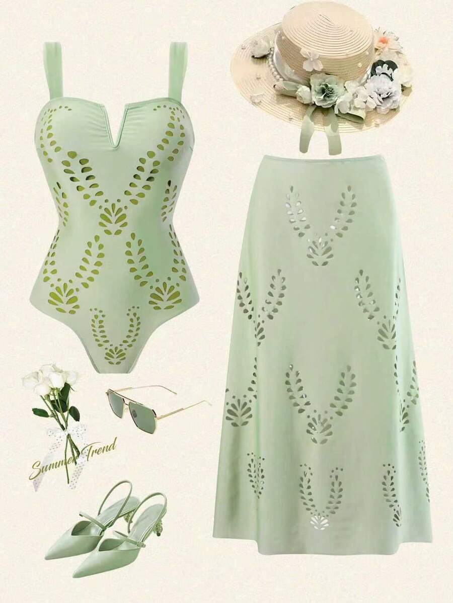 Swim Oasis 大码女式时尚度假绿色纯色镂空设计深V领粗肩带连体泳衣+裹身裙高端泳装套装，春夏款 - 綠色 - 查看 1