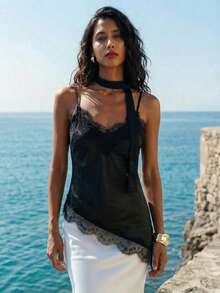 Nevyona Women's Sexy Vacation Style Solid Color Contrast Lace Asymmetrical Hem Backless Camisole Top - Black - View 6