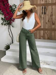 Breezaya Celana Jeans Kasual Pinggang Tinggi Potongan Lurus Longgar dengan Lubang Sabuk - Hijau Tentara - View 3