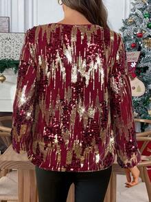 Áo kiểu nữ cổ tròn tay dài phối sequin lấp lánh, thanh lịch, màu đỏ, lấp lánh, thích hợp cho nữ. - Màu Đỏ Sâu - Xem 2