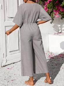 SHEIN Maternity Striped Round Neck Drop Shoulder Waist Tie Wide Leg Casual Jumpsuit - Multicolor - View 2