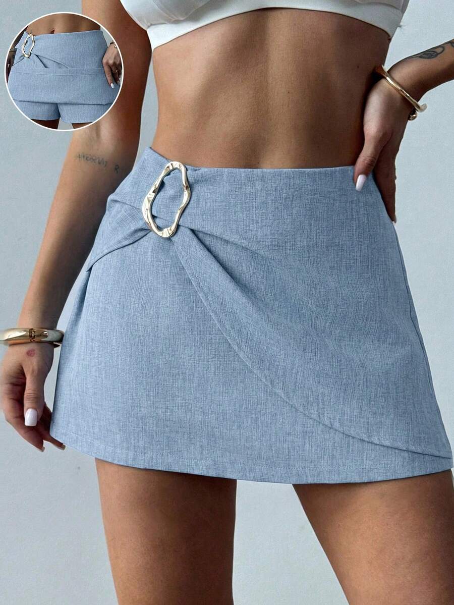 Firerie Women's New Minimalist Elegant Fashion Commuter Metal Accessory Front Wrap Linen Mini Skirt - Blue - View 1