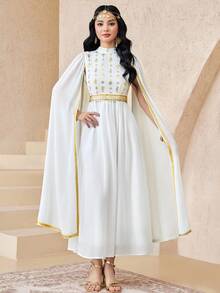 SHEIN Đầm dự tiệc cho thiếu nữ: Dây ruy băng vàng, tua rua, mùa xuân/hè, đi nghỉ mát, viền ren vàng, cổ đứng, họa tiết hoa châu Âu cổ điển, phối màu, màu hồng, áo choàng Ả Rập Trung Đông, đầm dài ngày Quốc khánh - trắng - Xem 6