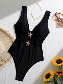 Swim Chiccia Women's New Arrival Solid Black Deep V-Neck Starfish Accent Sexy One-Piece Swimsuit - Black - View 4