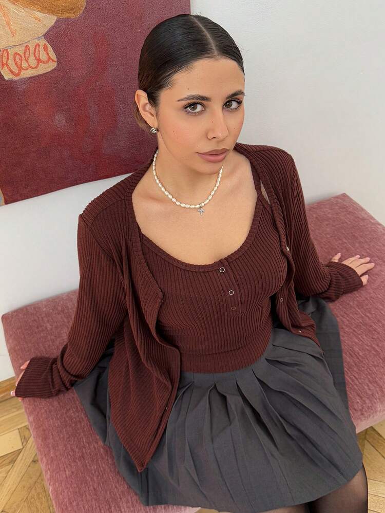 Dazy Plus 2pcs Plus Size Women Solid Color Ribbed Knit Camisole And Cardigan Set, Stretchy Fitted Sleeveless Top And Loose Open Front Sweater, Spring/Autumn Lounge Sets For Women