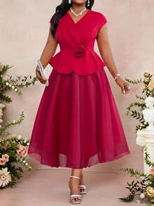 Fleurora Red Spring Elegant Formal Party Women Plus Size 3D Rose Contrast Mesh Batwing Sleeve Midi Dress,Wedding Guest Birthday Valentine's Day Church Outfits - Red - View 5