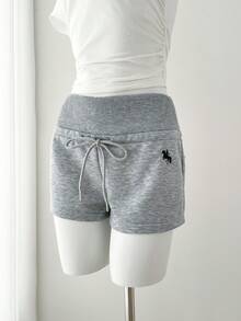 SHEIN EZwear 女士抽绳腰带骑士印花休闲百搭日常短裤 - 淺灰色 - 查看 3