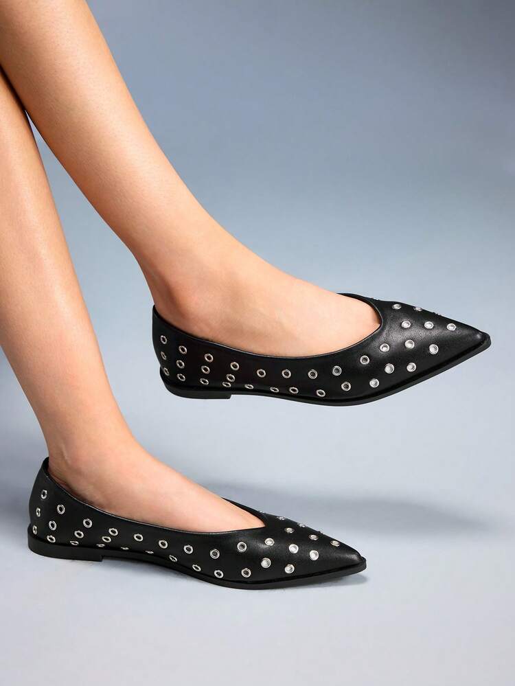 CUCCOO GRLICON Women's Fashion Versatile Commuter Metal Eyelet Decor Pointed Toe Flats Valentine's Day