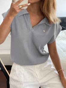 Livesso 女士纯色修身针织 POLO 领毛衣，休闲通勤春夏 - 淺藍色 - 查看 4