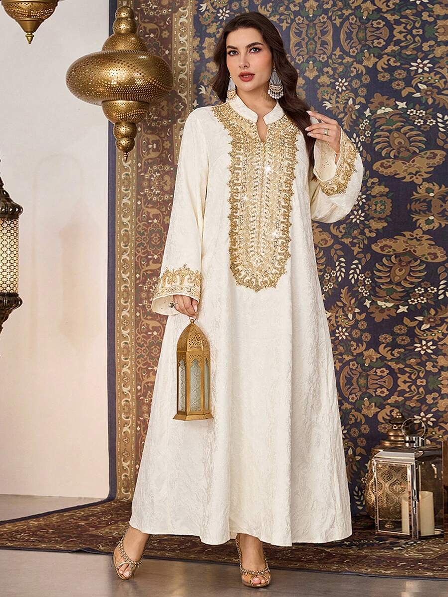Al Najma Plus Size  Style Women's Elegant Beaded Decor Simple Fashion Arabic Dress - Apricot - View 1