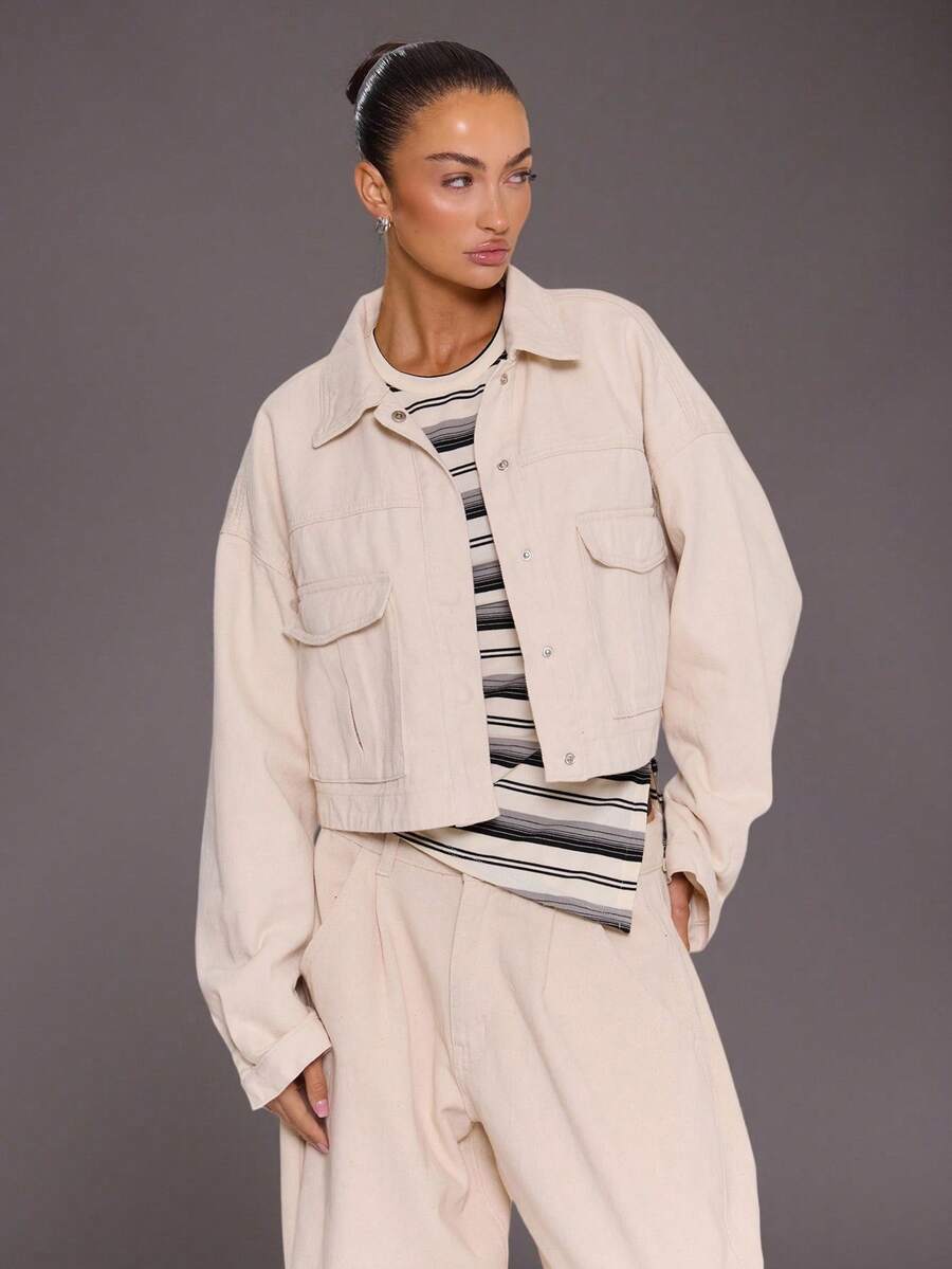 MUSERA Boxy Drop Shoulder Patch Pocket Denim Jacket Coord Top Only Autumn Fall Winter Night Out Going Out Streetwear Cute Back To School Sexy Uncut Spring Y2k Summer - White - View 1