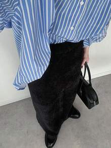 FRIFUL Women's Elastic Waist Straight Shiny Yarn Sweater Skirt - Black - View 4