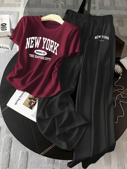 Resyla 女士字母印花褶皱圆领短袖T恤和阔腿裤休闲两件套