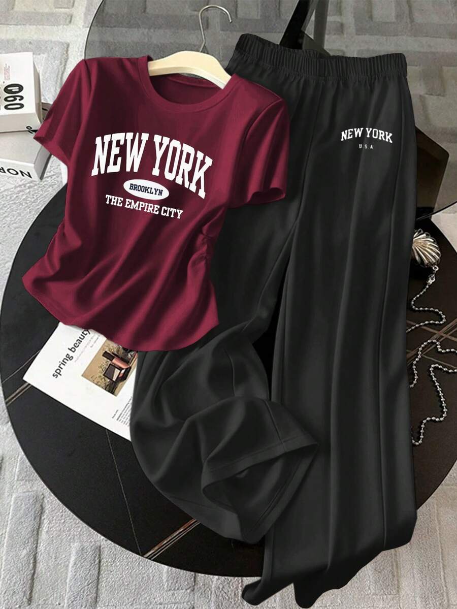 Resyla 女士字母印花褶皱圆领短袖T恤和阔腿裤休闲两件套 - 彩色 - 查看 1