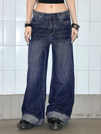 Grunge Punk Punk Metall Nieten Design Oversized Loose Fit Destroyed Weite Bein Damen Jeans
