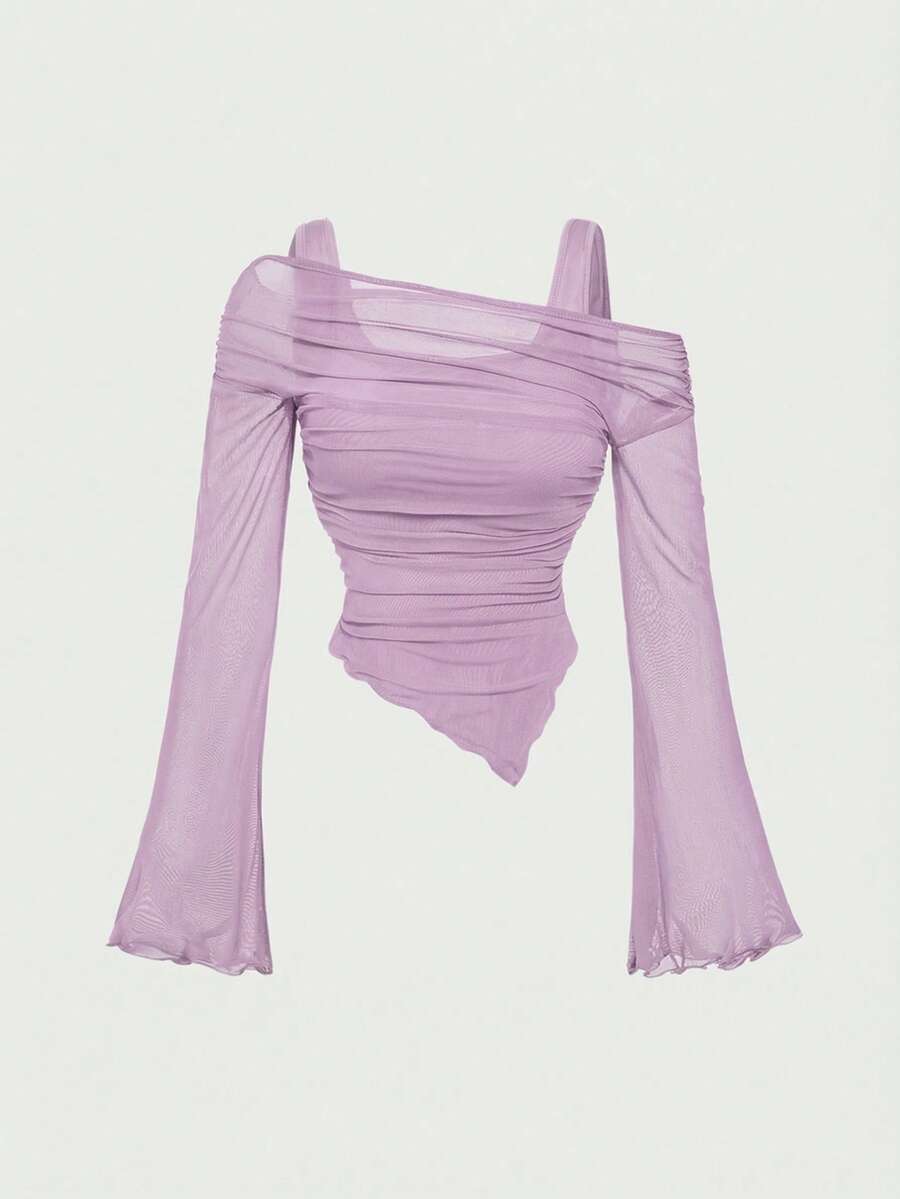 SHEIN MOD Áo thun tay loe dáng rộng, vạt bất đối xứng, phong cách Punk, Hàn Quốc, thích hợp cho mùa tựu trường, dành cho giáo viên, công sở, trường học, trang phục phương Tây cho nữ, cổ điển, tiệc brunch, áo cơ bản, phong cách quý tộc, thời trang đường phố, phong cách Gothic. - Màu Lilac Tím - Xem 1