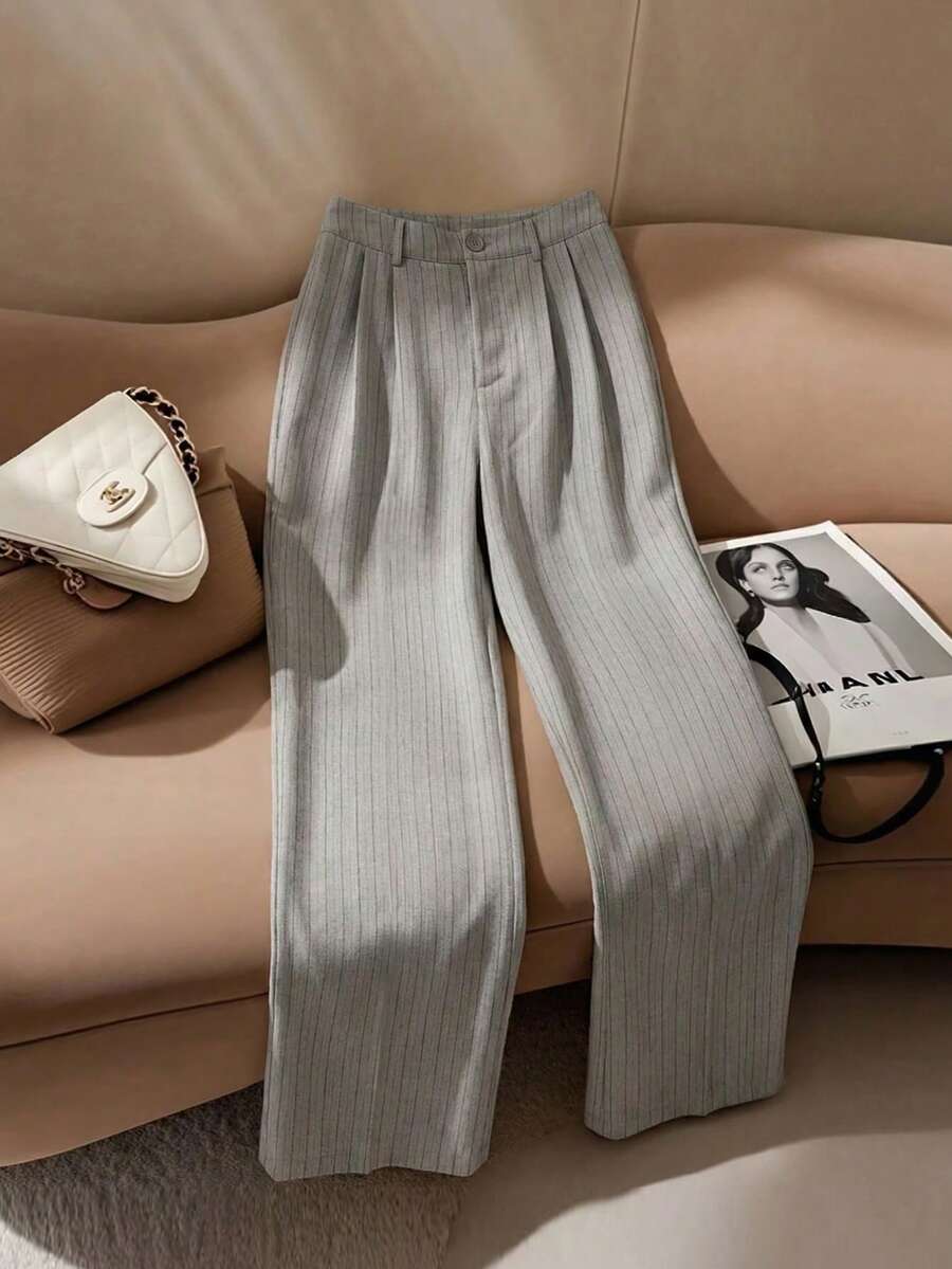 Franclia Women's Elegant Casual Commuter Striped Pants - Grey - View 1