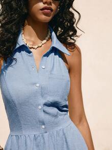 Poéselle Women's Casual Blue Sleeveless Shirt Collar Long Dress With Pockets Flared Hem Woven Fabric - Blue - View 8