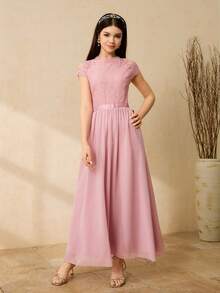 Elegantes Partykleid für Teenager-Mädchen mit Rundhalsausschnitt, Kurzarm, Spitzen-Patchwork und Chiffon - Pink - Übersicht 4