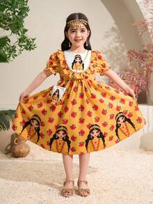 Girls Yellow Tunic Abaya Kaftan Jalabiya,Blue Butterfly,Summer,Party Middle Eastern Muslim Cartoon Moon & Star Pattern,Modest Dress With Floral Ruffle - Yellow - View 7