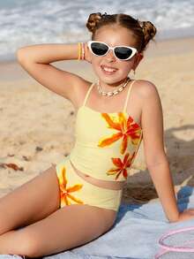 SHEIN Bộ 2 áo tắm cho bé gái, kiểu tankini in hình sinh vật biển dễ thương, thích hợp cho du lịch, nghỉ mát, đi biển mùa hè. - Màu vàng - Xem 5