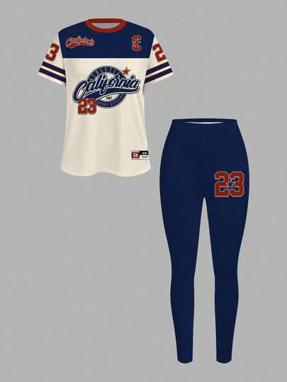 Slaydiva Nuevo conjunto de camiseta de cuello redondo casual + leggings para primavera/verano, ropa urbana, estilo Y2K, ropa casual, de vuelta a la escuela, atuendo de salida, con gráfico de California NO.23