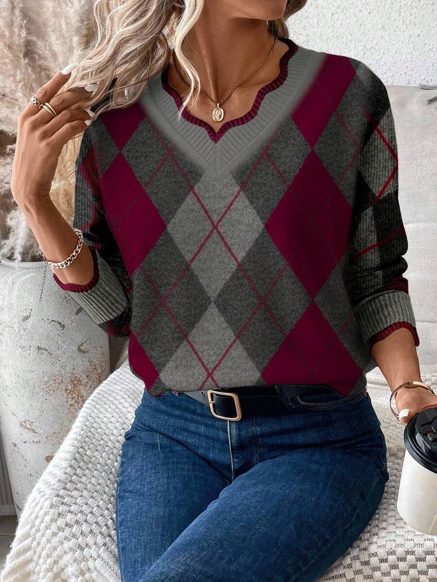 EMERY ROSE 女士休闲菱形格纹V领毛衣，学院风菱形图案，复古、学院风、经典款，适合秋冬季节。妈妈礼物，送礼佳品。 - 彩色 - 查看 1