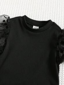 TaviRue Babygirl Cute Knit Patchwork Polka Dot Mesh Top & Houndstooth Flare Pants Set Summer Outfits/Summer Clothes - Multicolor - View 4