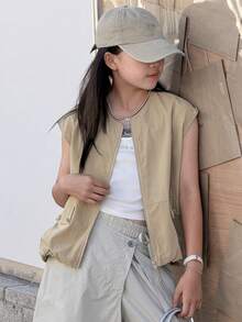 DAZY 女童无袖圆领外套，秋季服装 - 卡其色 - 查看 4