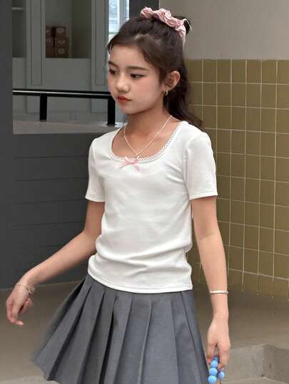 DAZY Girls' Square Collar Bow Decor Short Sleeve Fitted T-Shirt