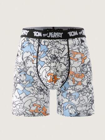 TOM & JERRY X SHEIN Men's Comfortable Soft Letter Tape Cartoon Pattern Boxer Briefs