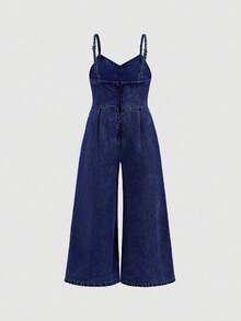 SHEIN Young Girl Bow Decor Casual Denim Jumpsuit - Dark Wash - View 2
