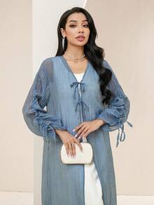 Veilorie 女士纯色抽绳长袖前系带阿拉伯长袍 - 水鴨藍 - 查看 6