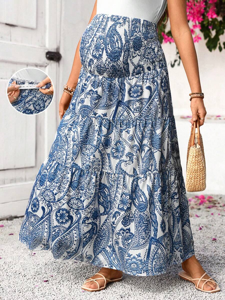 SHEIN Maternity Vacation Cashew Print Adjustable Waist Drawstring Elegant A-Line Skirt - Blue and White - View 1