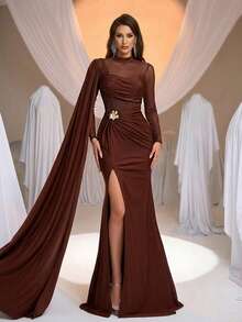 Aureia Đầm maxi dáng đuôi cá dài tay, màu nâu thanh lịch, tối giản, cổ cao, đường viền cổ bất đối xứng, thắt lưng trang trí khóa kim loại, xẻ tà cao, phù hợp cho mọi dịp trang trọng, đầm dạ hội trang trọng. - màu nâu - Xem 6