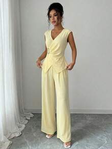 SHEIN Elenzya 1 Set Women's Sleeveless V-Neck Cinched Waist Top And Straight Leg Pants, Elegant & Romantic - Light Yellow - View 5