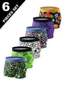 Young Boys Trunks-Boxer Briefs Random 6 Pack Neon Green Purple Black White Multicolor Graffiti Faces Sports Prints Elastic Waistband Stretchy Tagless Comfort Fit All Season Underwear Holiday 2026 Must Have Gift Pack Washable Durable Fun Style - Multicolor - View 5