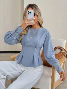 Easowa 女士圆领条纹袖口下摆褶裥休闲/工作女式衬衫优雅商务休闲上衣浅蓝色上衣蓝色长袖上衣浅蓝色衬衫春季婴儿蓝上衣女士灯笼袖衬衫 - 藍色 - 查看 6