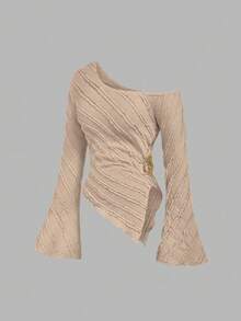 Sweetra Solid Color Flare Sleeve Slim Fit T-Shirt - Khaki - View 1