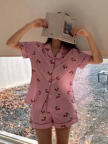 Napfluff 粉色条纹樱桃印花翻领短袖短裤女士睡衣套装 - 粉色 - 查看 7