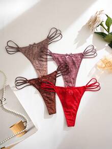 4pcs/Set Romantic Lace Bow Thong Panties - Multicolor - View 4