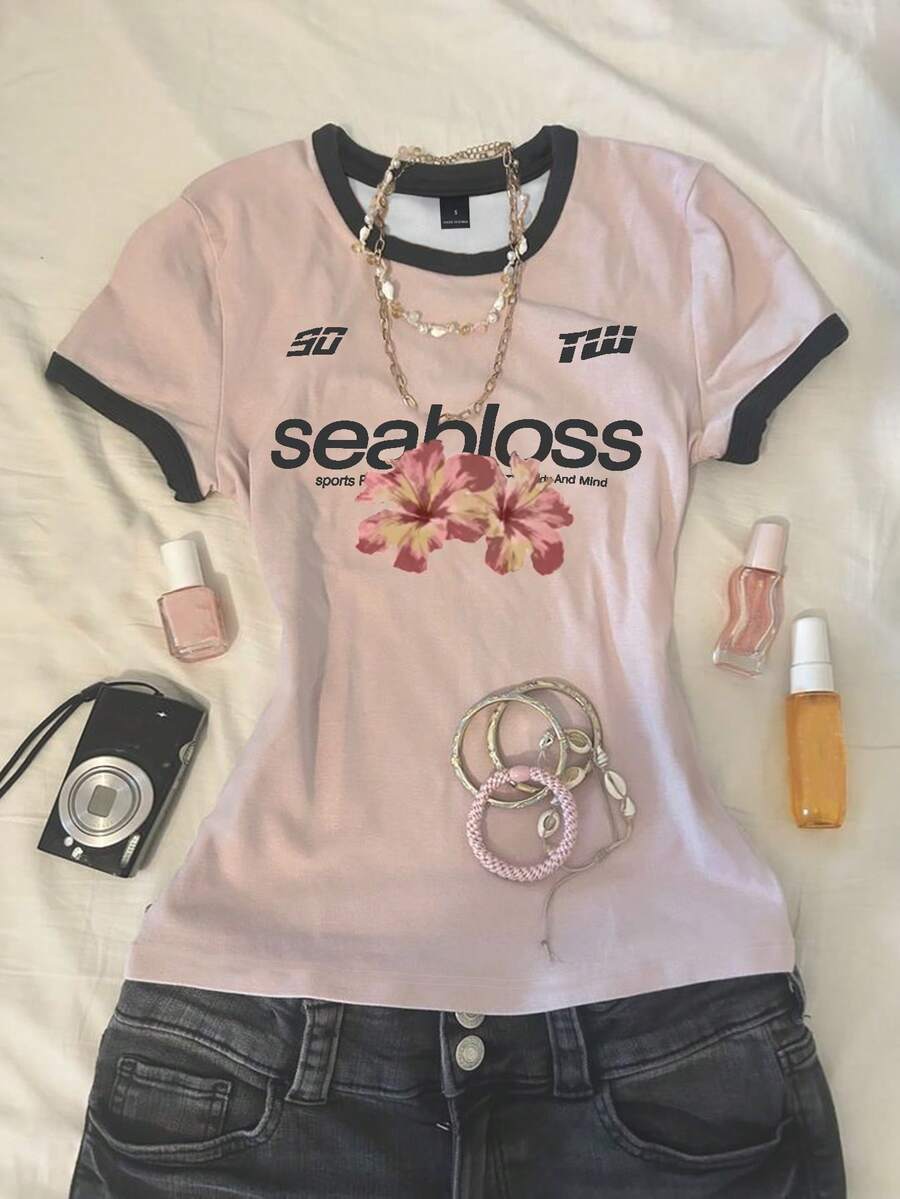 SHEIN Áo thun nữ tay ngắn cổ tròn in họa tiết tối giản - Nhiều màu - Xem 1