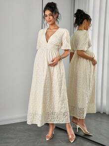 SHEIN Đầm bầu màu trơn cổ chữ V sâu, tay ngắn, thanh lịch - Màu be - Xem 6