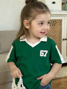 女童撞色印花短袖T恤 - 綠色 - 查看 3