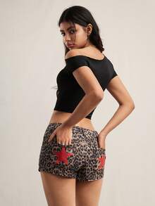 Easelle Leopard Print Star-Print Woven Sexy Women's Shorts, Casual Retro Shorts With Five-Pointed Star Pockets, Red 2026 Casual Shorts. - Khaki - View 2