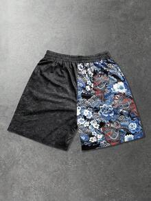 ROMWE MEN Street Life 男士暗黑哥特印花短裤，适合春夏穿着，鸦片风 - 黑色 - 查看 6