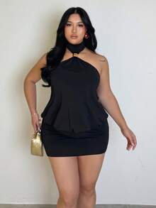 Firerie 大码舒适休闲优雅度假针织弹力褶皱口袋修身金属装饰纽扣无袖短款紧身连衣裙，适合春夏穿着。 - 黑色 - 查看 5