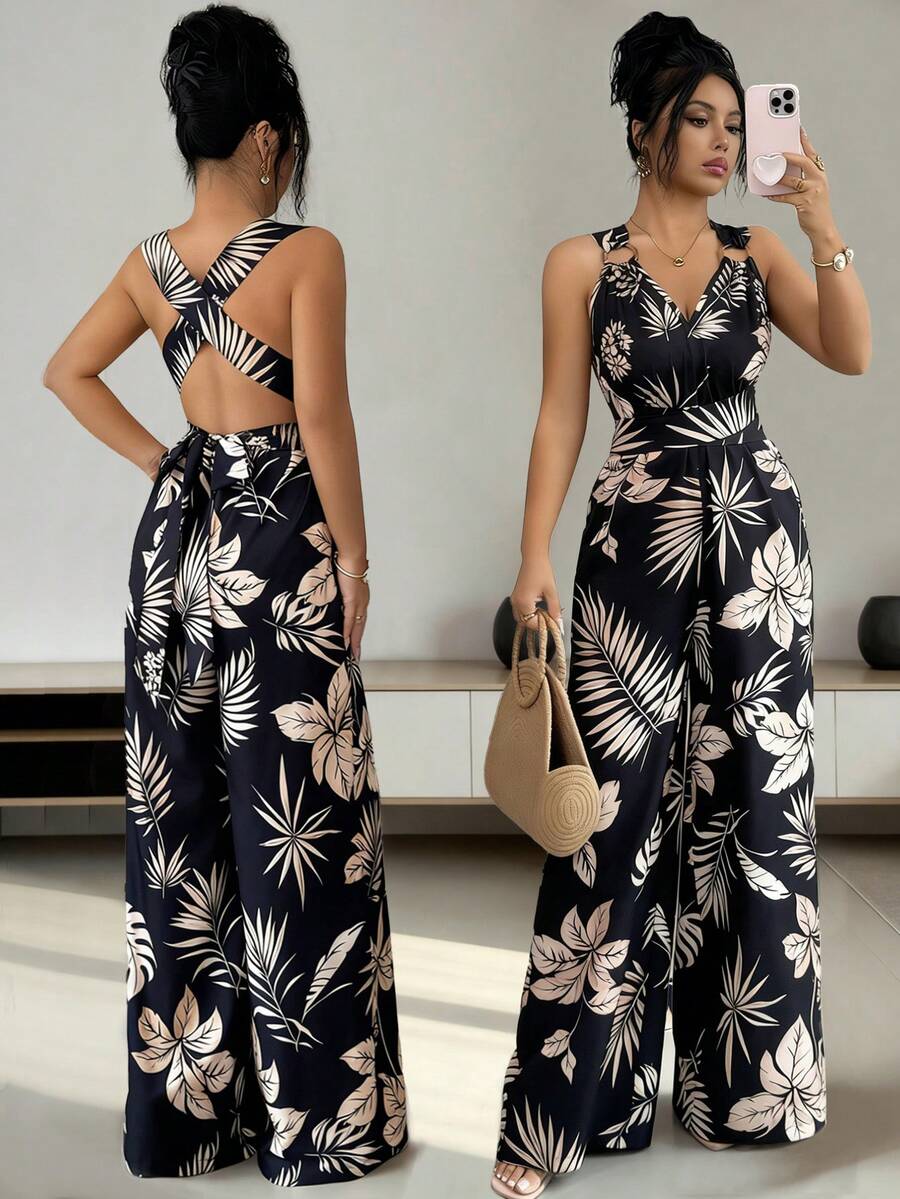 Rafferiza Bộ jumpsuit kaki dáng suông, cổ chữ V, hở lưng, in họa tiết lá cây, cổ xếp ly, màu kaki, thích hợp cho kỳ nghỉ hè, dành cho nữ. - Nhiều màu - Xem 1